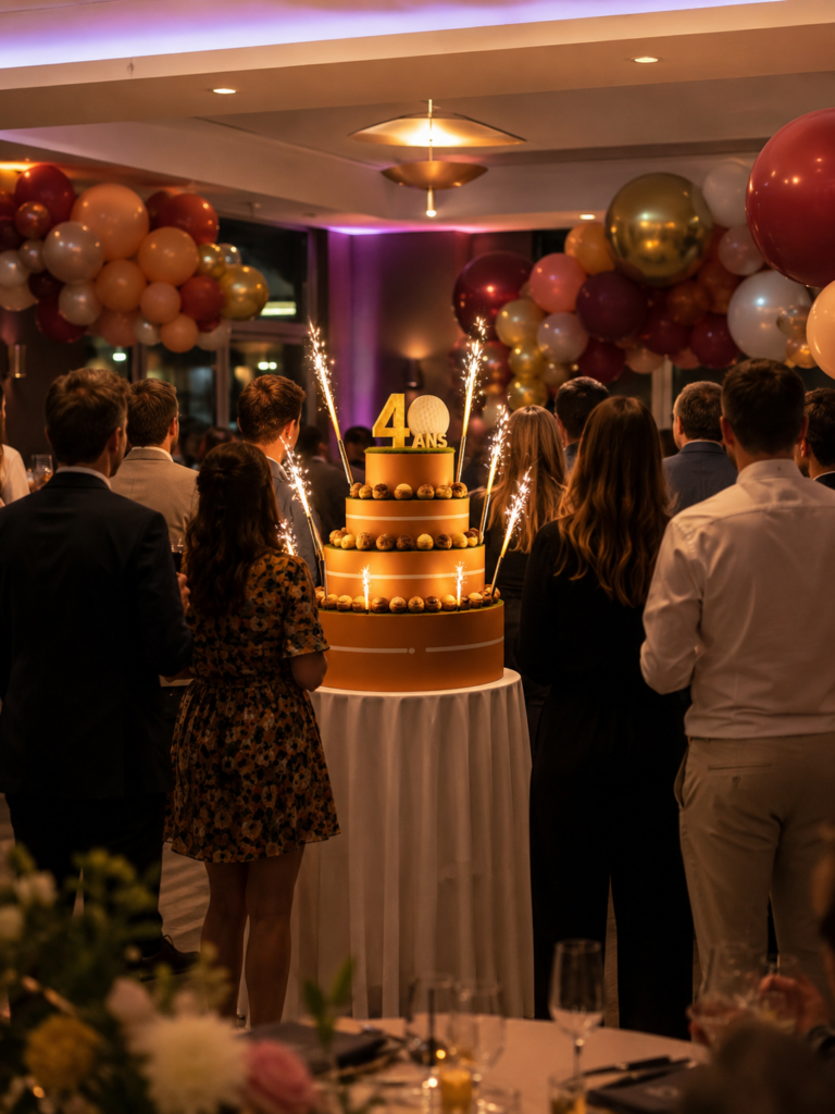 Pièce montée anniversaire avec bougies lors d'une fête organisée par Lebrun Traiteur